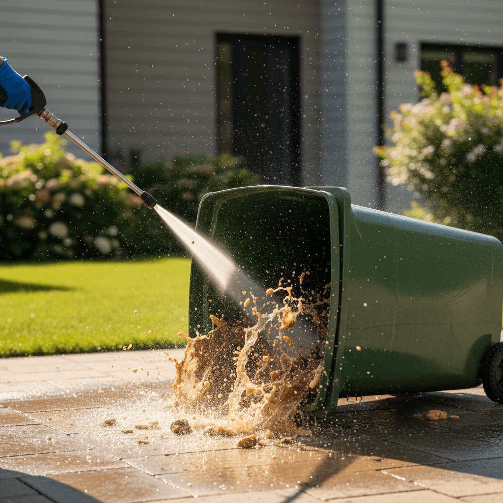 Powerful water spray cleaning inside of a garbage bin
