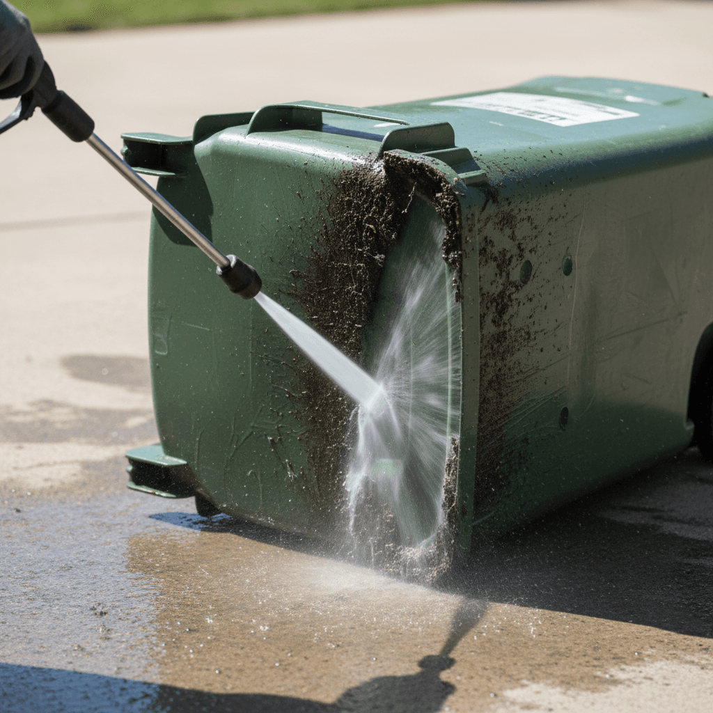 Pressure washer nozzle cleaning the bottom of a garbage bin