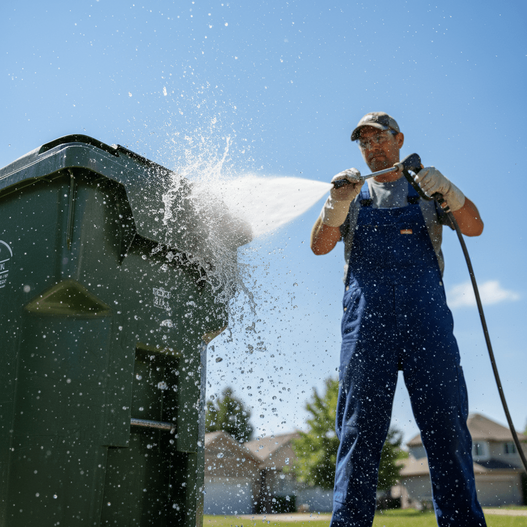 High-pressure water spray rinsing out the bottom of a residential garbage bin