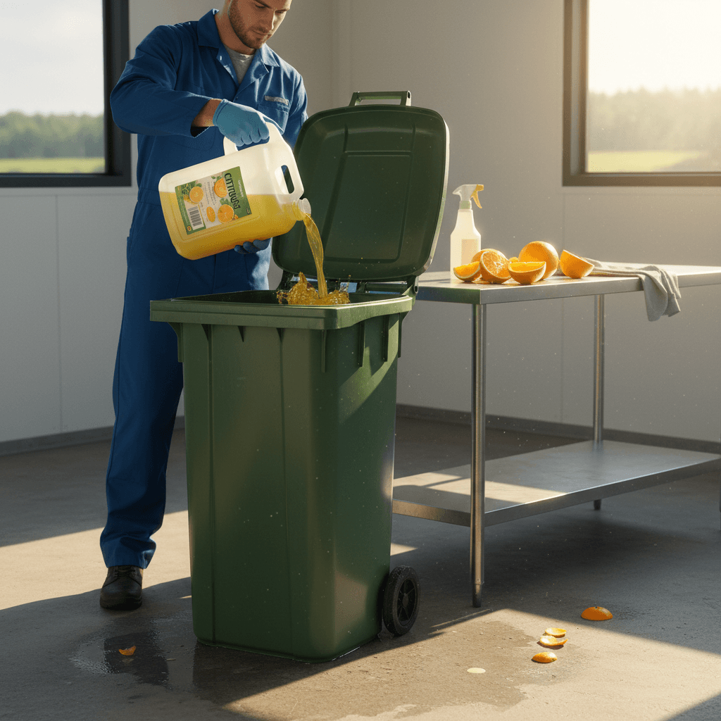 Technician pouring a citrus deodorizer solution into an open garbage bin