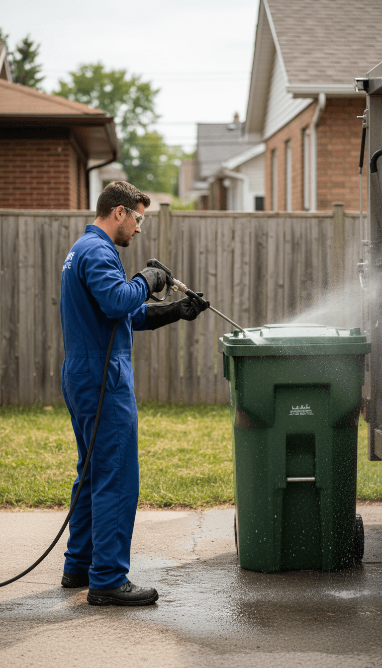 Professional bin cleaning service technician working on residential garbage bin