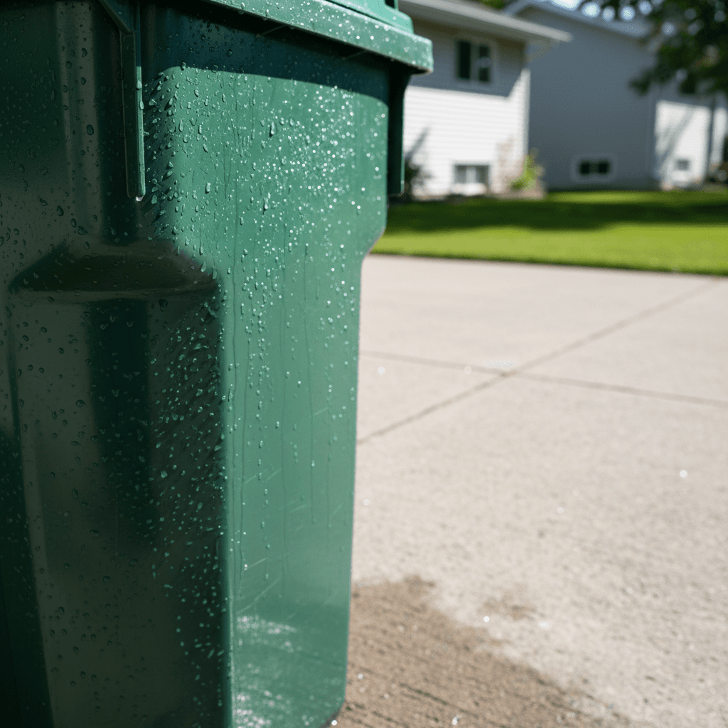 Clean garbage bin with water droplets shining in sunlight to show the result of a pressure washing service