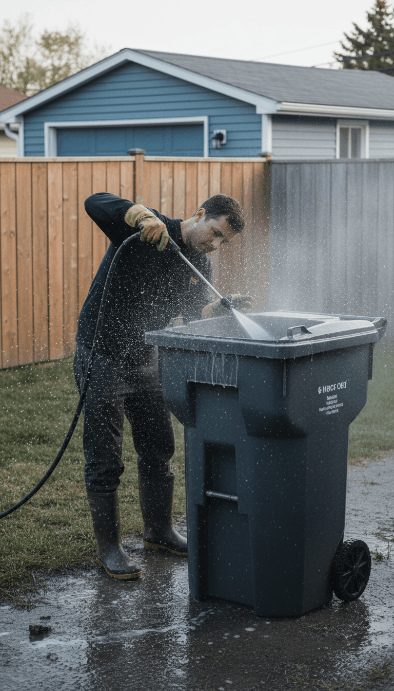 Technician pressure washing the inside of a residential garbage bin