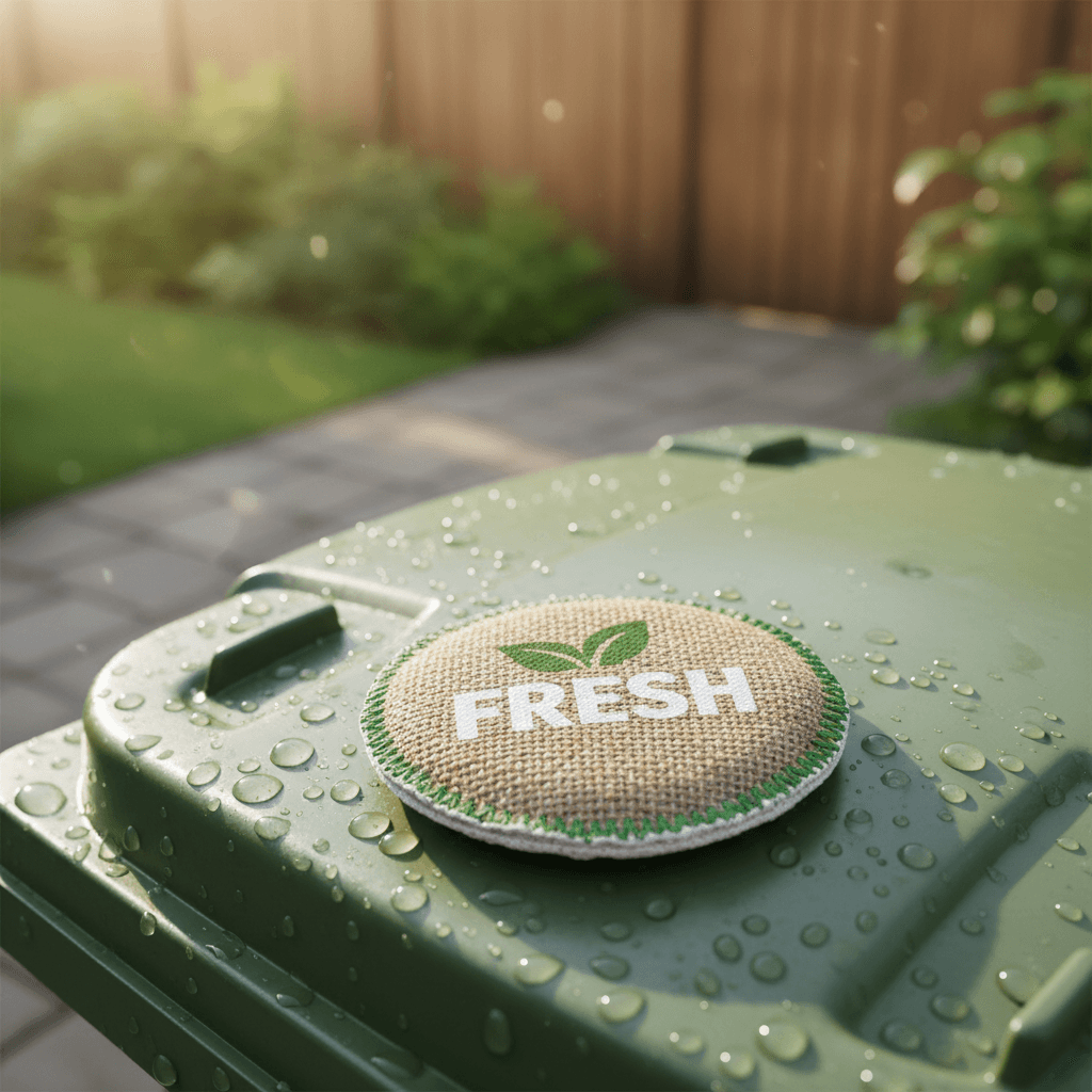 Eco-friendly odor control pouch resting on the rim of a garbage bin