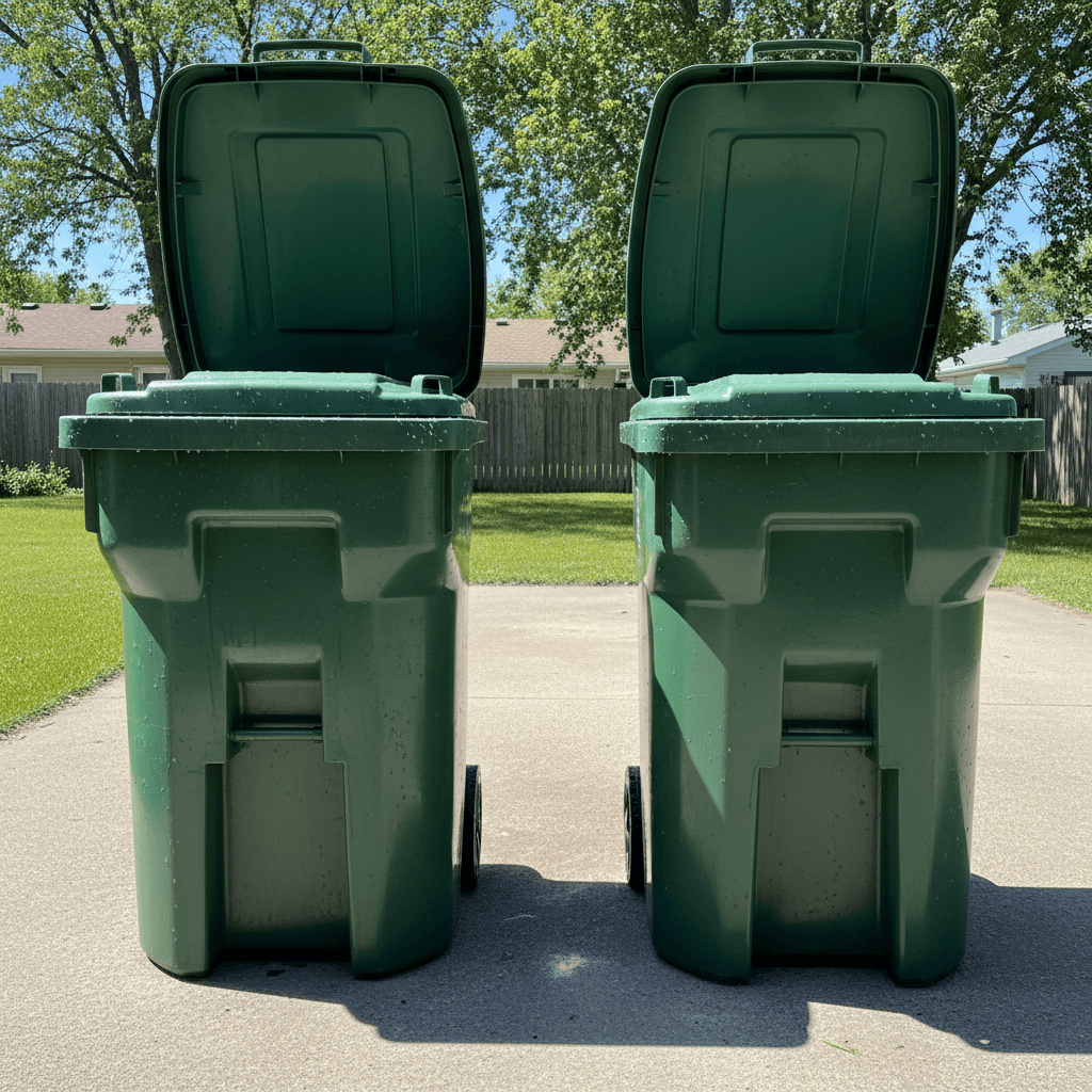 Two green residential garbage bins freshly washed on a sunny driveway