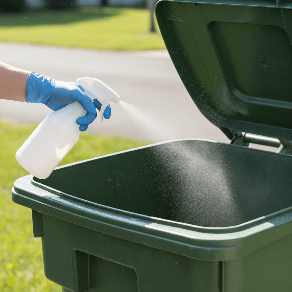 Gloved hand spraying disinfectant inside an open residential garbage bin