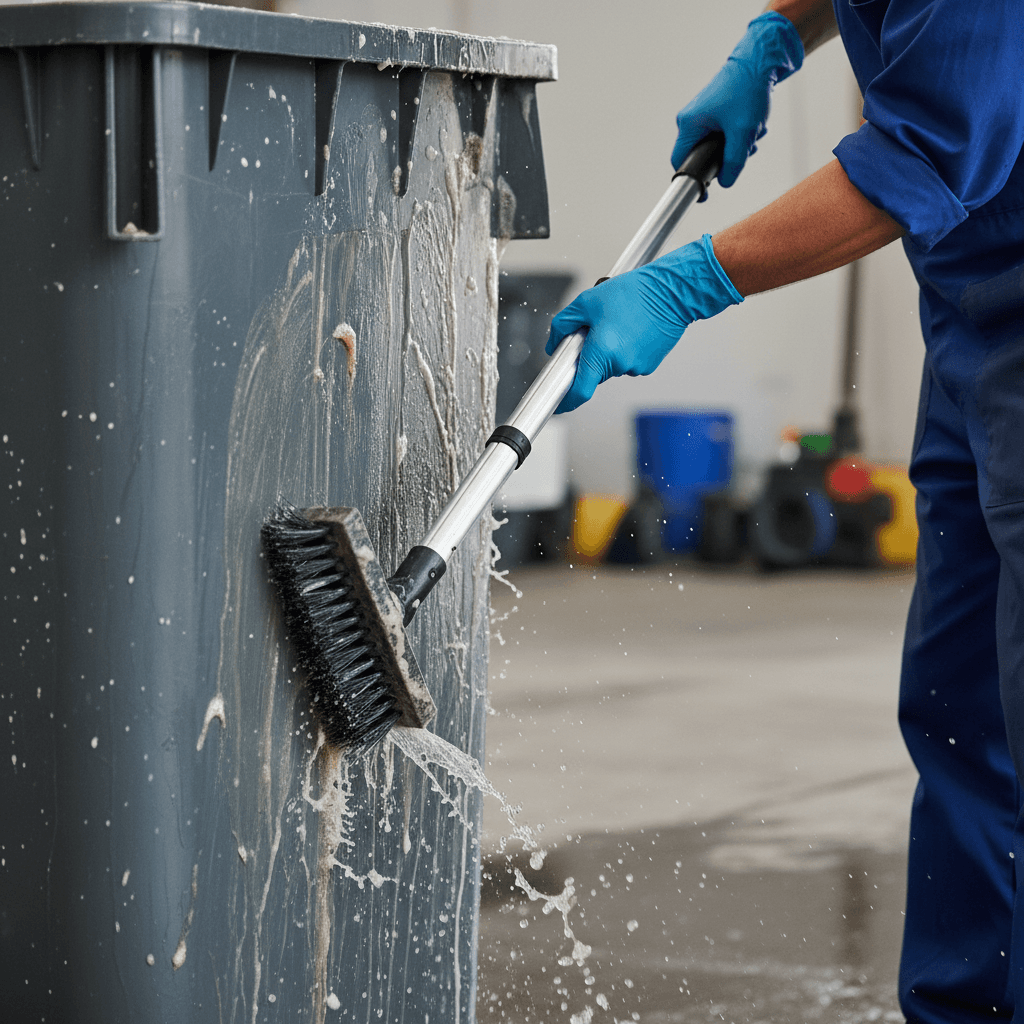 Technician scrubbing inside of a trash bin with a brush