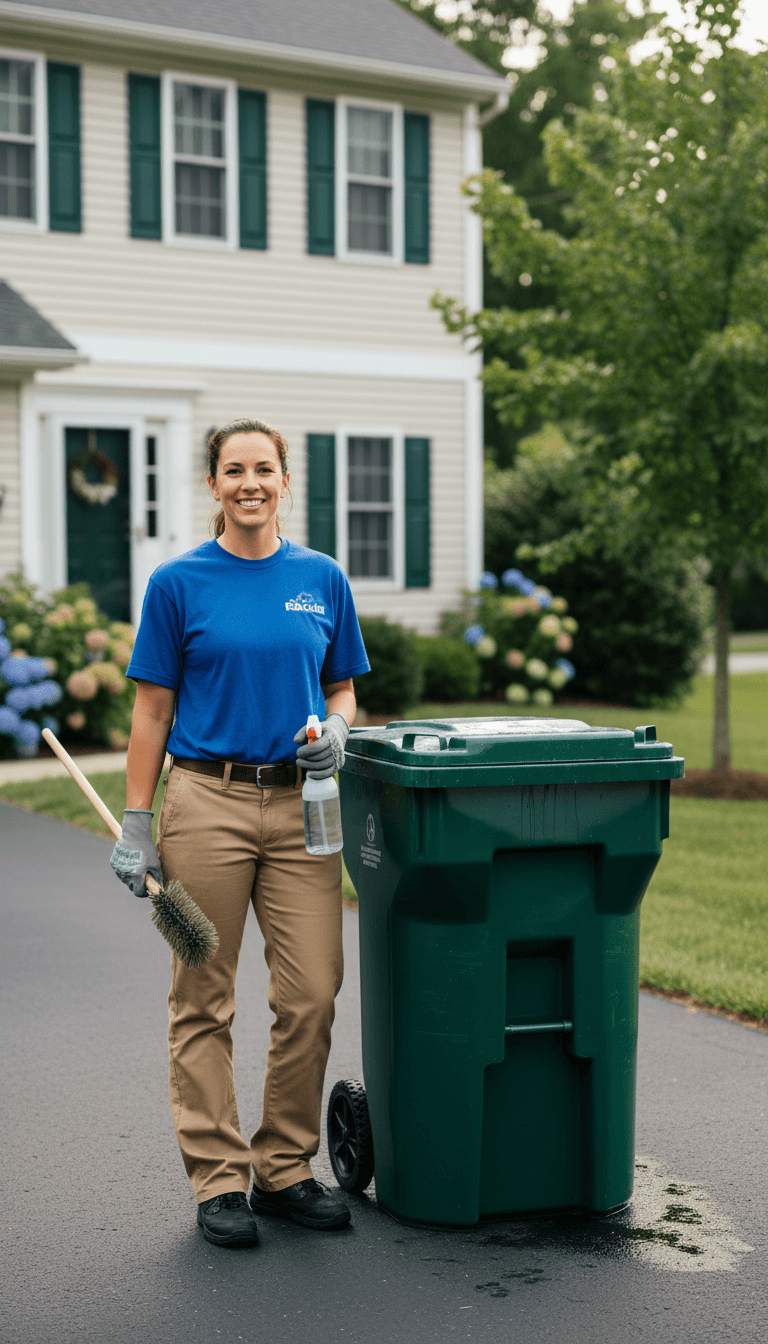 Sparkle Bin Wash service technician standing proudly beside freshly cleaned residential bins