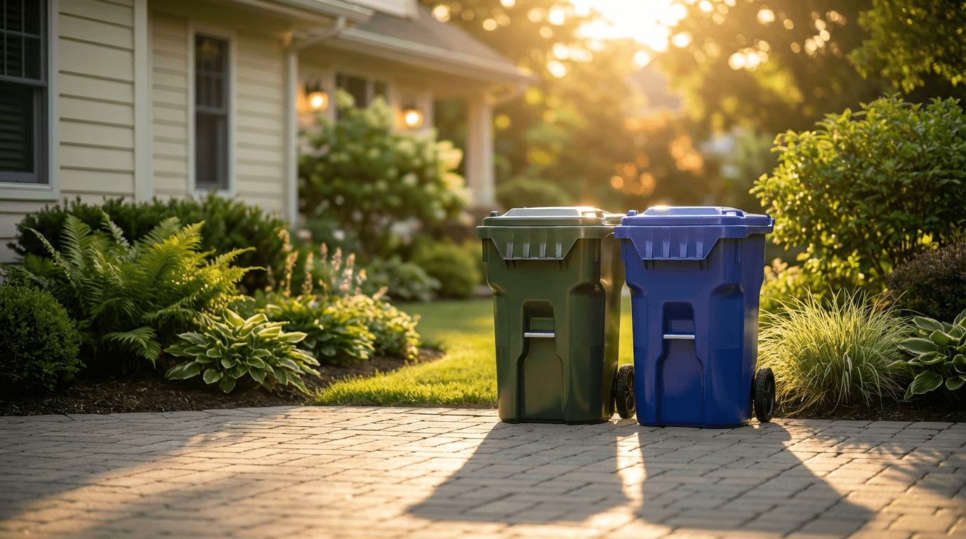 Clean residential bins at curbside ready for Sparkle Bin Wash service